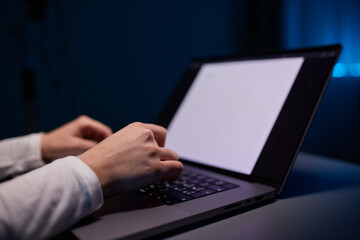 Close-up shot of female hands typing on laptop. Woman fingers tapping on computer keyboard. Work concept