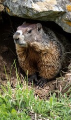 Naklejka na ściany i meble Groundhog peeking from its earthy burrow surrounded by green grass.