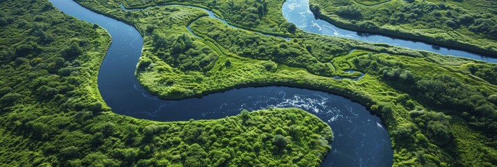 Fototapeta premium Experience a mesmerizing aerial depiction of life's journey through a winding river in lush surroundings—ideal for environmental documentaries.