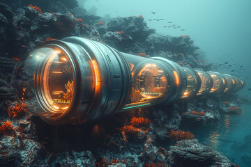 Futuristic oceanic tunnel housing with a deep-sea view, modern living concept. World Ocean Day.