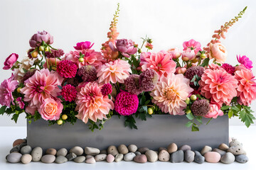 Colorful dahlia, pink roses and purple flowers in an organic rectangular ceramic vase on the table