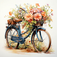 Fototapeta premium Watercolor painting of a womans bicycle with a basket of flowers and colorful flowers, clipart Illustration, Generative Ai