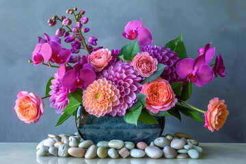 a large arrangement of pink, coral and purple flowers in an organic shape with pebbles at the base, on top of grey background