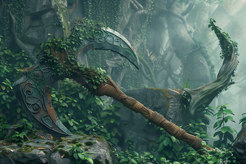 Jungle warrior's vine-wrapped battle axe, blending seamlessly with the lush foliage.