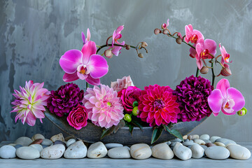 a large arrangement of pink, coral and purple flowers in an organic shape with pebbles at the base, on top of grey background