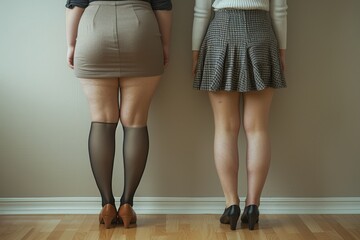 A conceptual image depicting two women with contrasting body types standing side by side. Two Women with Different Body Types Standing