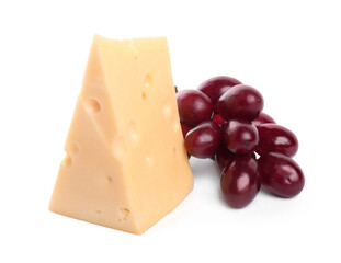 Piece of delicious cheese and grapes isolated on white