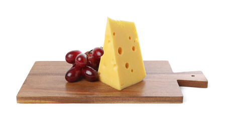 Piece of delicious cheese and grapes isolated on white