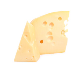 Pieces of delicious cheese isolated on white