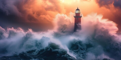towering lighthouse rises from the expansive ocean, providing guidance to ships navigating the vast waters. - Powered by Adobe