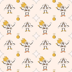 Fototapeta premium Football character seamless pattern. Soccer ball retro cartoon endless background. Sport championship loop ornament. Vector illustration.
