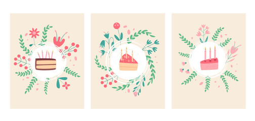 Happy Birthday greeting card with cake and flowers set. Sweet bakery holiday vertical posters. Pastry dessert with candles festive flyers. Wreath floral frame emblem. Vector hand drawn illustration.