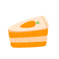 Carrot cake. Sweet bakery piece portion. Pastry dessert with cream for breakfast. Vector pie hand drawn illustration isolated on white background.