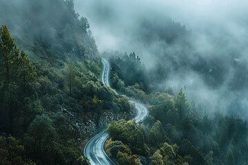 A winding road disappearing into a dense foggy forest