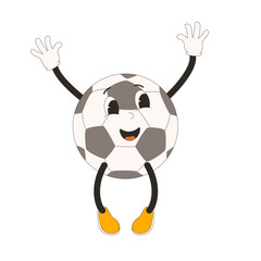 Football jumping ball groovy character. Soccer retro mascot. Cartoon sport equipment isolated on white background. Championship game. Vector rubber hose animation style illustration