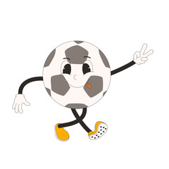 Soccer ball cartoon retro mascot. Football groovy character with victory sign. Rubber hose animation style cartoon sport equipment isolated on white background. Vector flat illustration