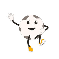 Football jumping ball groovy character. Soccer retro mascot. Cartoon sport equipment isolated on white background. Championship game. Vector rubber hose animation style illustration
