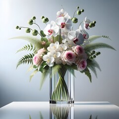 Blumenstrauß mit weißen Orchideen, rosa Rosen und grünen Farnen, elegant arrangiert in einer hohen, schlanken Glasvase