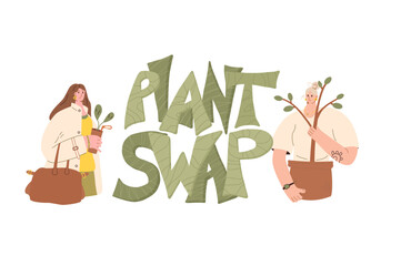 Plant swap emblem. Women exchange houseplant, seeding and gardening together isolated on white background. Eco friendly lifestyle party. Event of potted flowers market. Vector illustration.