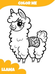 Coloring worksheet for children with llama, alpaca,a printable worksheets vactor illustration, color me 