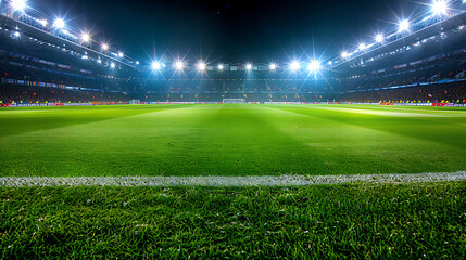 The soccer field is lush green, meticulously maintained, and stretches across the frame. The grass appears vibrant and well-groomed. The field is the central focus of the image