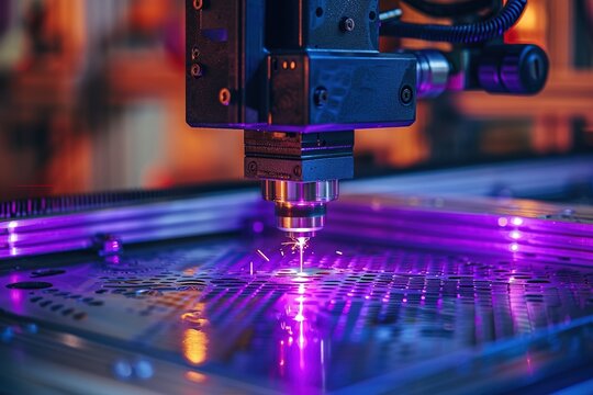 CNC laser cutter with blue light machine, in the style of macro zoom, dark gray and violet.