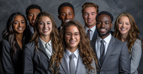 A diverse group of business people, representing different ethnicities, stand together in suits, smiling confidently at the camera, embodying unity and inclusivity in the corporate world