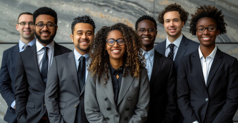 A diverse group of business people, representing different ethnicities, stand together in suits, smiling confidently at the camera, embodying unity and inclusivity in the corporate world
