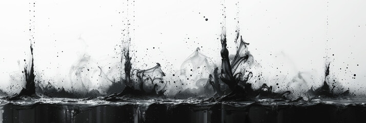 Black ink explosion on water surface for dramatic panoramic backgrounds.
