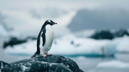Penguins on an Antarctic island, sky and icebergs in the background