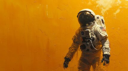 vibrant yellow, an astronaut fully geared stands tall, arm extended, embodying the essence of space exploration and the spirit of discovery