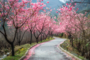 A winding pathway lined with blooming cherry blossom trees