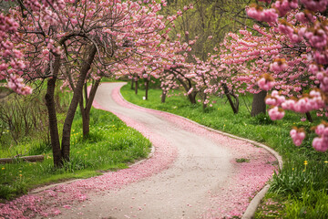 A winding pathway lined with blooming cherry blossom trees - Powered by Adobe