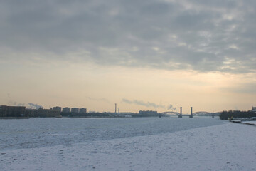 Volga River frozen during winter as it passes through Moscow