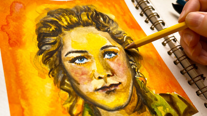 Close-up drawing wattercolor and color pencil portrait of young pretty woman. Macro hand drawn...