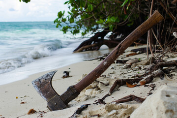 Lost pirate captain's battle axe, washed ashore on a forgotten island's beach.
