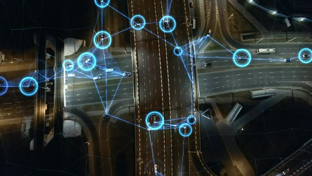 Smart transort of the future, networking technology, navigation, road scanning. Autonomous self-driving cars moving around city, Head-up Display HUD visualization of vehicle interaction. 4k footage