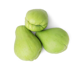 Many fresh green chayote isolated on white, top view