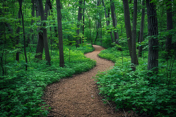 Obraz premium A winding path through a dense forest, surrounded by green foliage.