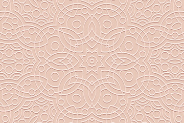 Embossed pink background, ethnic cover design. Geometric vintage openwork 3D pattern. Tribal handmade style, ornaments. Luxurious boho exoticism of the East, Asia, India, Mexico, Aztec, Peru.