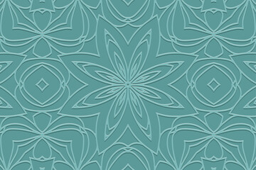 Embossed blue background, ethnic cover design. Geometric vintage decorative 3D pattern. Tribal handmade style, ornaments. Luxurious boho exoticism of the East, Asia, India, Mexico, Aztec, Peru.
