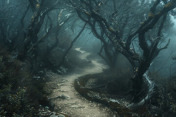 A winding path leading through a misty forest shrouded in mystery - Powered by Adobe