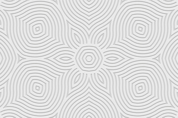 Embossed white background, ethnic cover design. Geometric linear floral 3D pattern. Tribal handmade style, ornaments. Luxurious boho exoticism of the East, Asia, India, Mexico, Aztec, Peru.