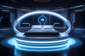 A illustration futuristic bedroom with a levitating bed and customizable ambient lighting