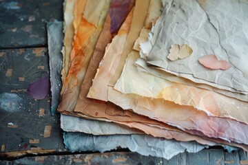 A stack of colorful handmade papers with deckled edges.