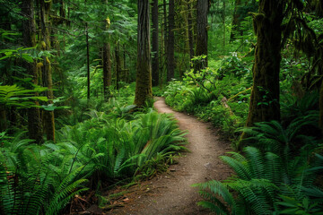 Fototapeta premium A winding forest trail disappearing into the depths of the lush greenery.