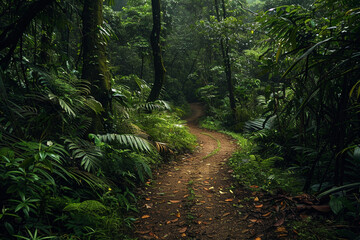 Obraz premium A winding forest trail disappearing into the depths of the lush greenery.