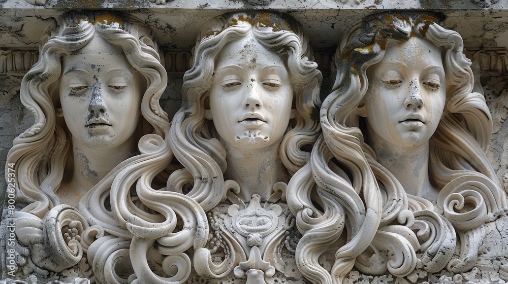 Canvas Prints A close up of a sculpture with three women's faces on it, AI