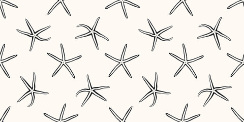 Minimalistic sea summer seamless pattern with dancing starfish, black and white monochrome silhouette on white background. Vector illustration of EPS10