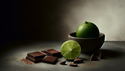 Chunks, dark chocolate bars with lime on neutral background. Food. Banner, poster, background,...